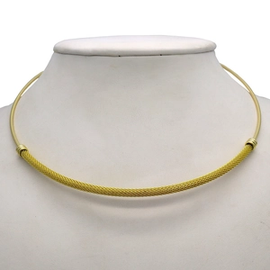 Elegant golden stainless steel mesh choker necklace displayed on a white bust stand.