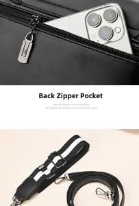Detail of black leather phone bag with back zipper pocket and two detachable shoulder straps