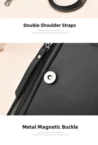Detail showing the dual shoulder straps and metallic magnetic closure of the black leather bag