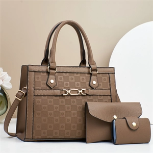 Bruine 3-delige shopper set met ruitpatroon, schoudertas en kaarthouder