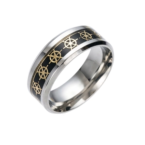 Herrenring aus Edelstahl mit schwarzem Band und goldenem Steuerrad-Muster-Design