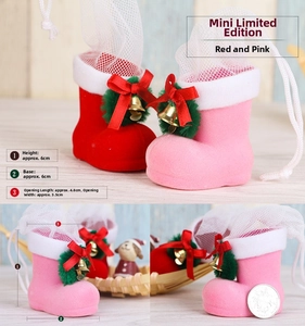 Detailed view of mini Christmas boot candy bag with size markings and festive decorations