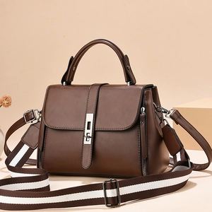 Elegant dark brown leather mini crossbody bag with striped shoulder strap and silver buckle