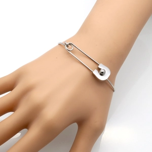 Minimalist silver safety pin bangle bracelet in polished titanium steel for women