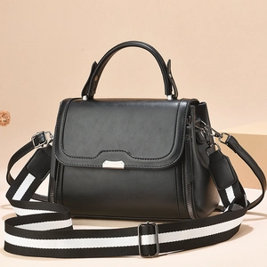 Minimalist black PU leather crossbody bag with stylish wide striped strap and silver hardware
