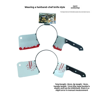 Detail view of Halloween horror plastic headband with fake bloody knife prop for cosplay