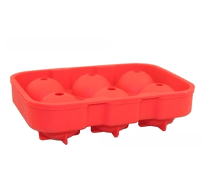 Detail view of the 6-cavity bright red spherical ice cube mold made of food-grade silicone