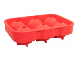 Detail view of red 6-hole spherical silicone ice mold with its matching top lid