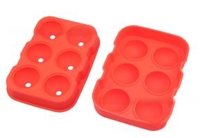 Detail of red food-grade silicone 6-cavity round ice ball mold set with filling holes