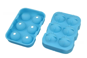 Detailed macro view of a 6-cavity blue food grade silicone round ice ball maker mold