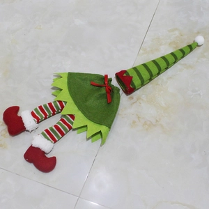 Housse de bouteille de vin lutin de Noël en feutre rouge et vert avec jambes rayées