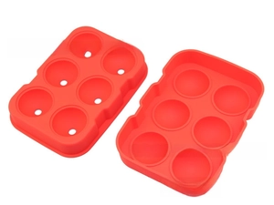 Detailed view of red food-grade silicone 6-hole spherical ice ball mold with top lid