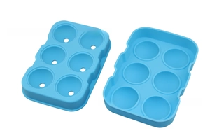Detail of 6-cavity spherical silicone ice mold in sky blue with detachable lid