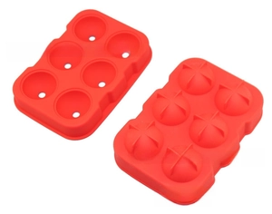 Detail view of red silicone 6-cavity round ice ball mold with honeycomb reinforcement