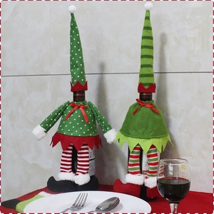 Housse De Bouteille De Vin De Noël Chapeau Costume De Lutin Décoration De Table Tissu Non Tissé Point Vert Rayure Rouge Blanc