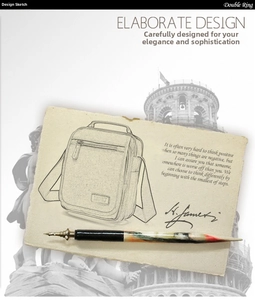 Artistic sketch of a men's canvas messenger bag with handle and polo club logo