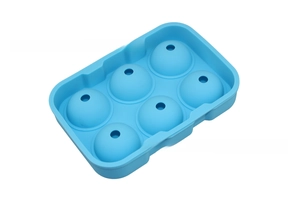 Detail showing blue silicone 6-cavity round ice ball mold structure for easy release
