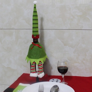 Housse de bouteille de vin elfe de Noël avec veste verte et jambes à rayures rouges