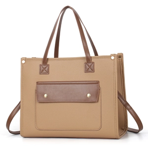 Large capacity khaki and brown textured leather tote bag with stylish gold accents