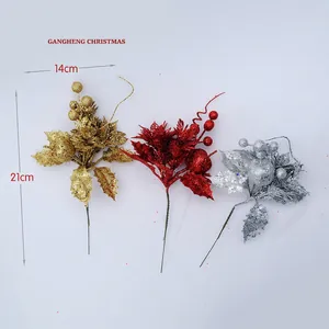 Artificial Christmas picks with glitter leaves and berries in gold red and silver colors