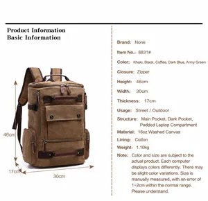 Detailed size chart for retro canvas backpack showing 46x30x17 cm dimensions and specs
