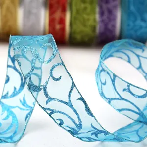 200cm light blue organza Christmas ribbon with silver glitter floral patterns for decoration