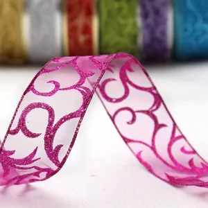 Pink semi-transparent Christmas ribbon with glitter floral patterns for holiday decor