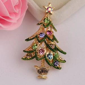 Detailed shot of Christmas tree brooch with colorful rhinestones on a white stand