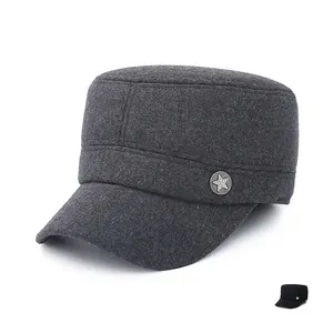 Casquette Cadet Homme Hiver Bonnet Plat Laine Épais Chaud Avec Cache Oreilles Badge Étoile Métal Extérieur