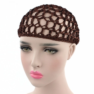 Close-up of brown crochet hair net with wide mesh and elastic band on model head