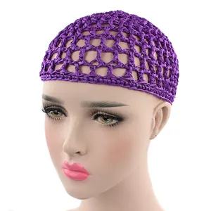Handmade purple crochet hair net cap with mesh knit hollow design for women