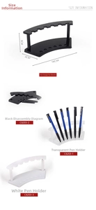 Detail view of 6-slot acrylic pen display stand with dimensions 18x6x8cm in multiple colors