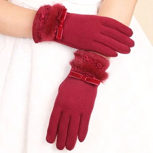 Women's Winter Warm Polyester Knitted Gloves With Artificial Fur Trim And Lace Bow Touch Screen Outdoor Thermal Mittens