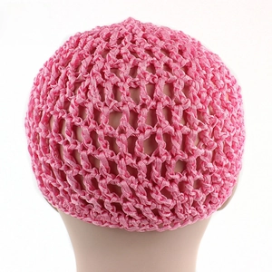 Close-up of a pink handmade crochet hair snood with mesh structure on a mannequin