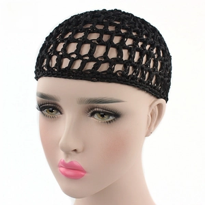 Close-up of black handmade crochet hair net with wide mesh texture on mannequin head