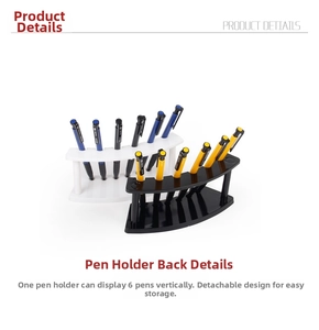 Detail view of black and white 6-slot curved acrylic pen display stands on white background