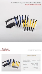 Detailed view of curved acrylic pen holders in black, white, and clear with 6 slots