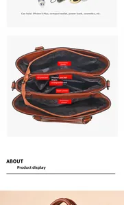 Detailed internal compartments of a brown tote bag showing capacity for phone and wallet