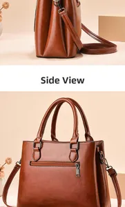 Side view and detail of brown leather handbag with silver zipper and adjustable strap
