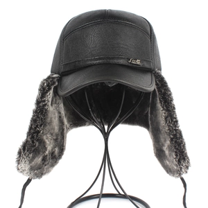 Winter thermal trapper hat with faux leather finish and thick grey faux fur ear flaps