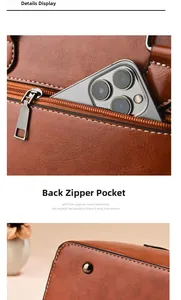 Detail of brown leather handbag featuring rear zipper pocket and metal bottom rivets