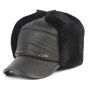 Mens winter leather trapper hat with warm faux fur ear flaps for cold weather protection