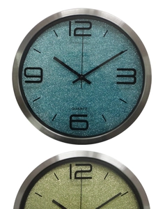 Detail of quartz wall clocks with sparkling glitter dials and silver metal frames