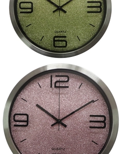 Detail view of 12-inch stainless steel wall clocks with pink and olive glitter dials