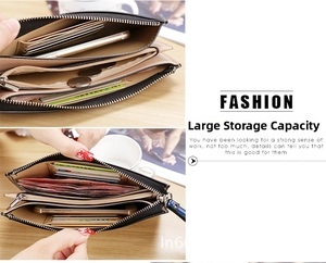 Detailed view of the large capacity leather wallet with multiple card slots and phone pocket
