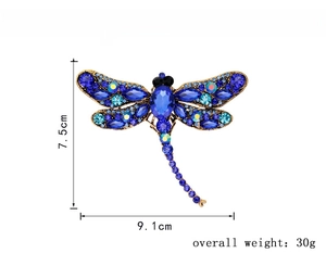 Detailed dimensions of retro dragonfly brooch with blue crystals and 9.1cm width