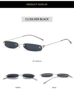 Detailansichten der Vintage randlosen schmalen Sonnenbrille mit Silbermetallrahmen und dunklem Glas