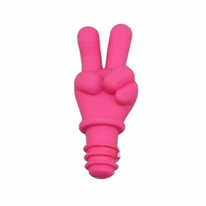 Pink silicone wine stopper in victory gesture shape with triple seal screw threads
