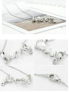 Detailed views of the LOVE letter necklace featuring a pearl and lobster clasp closure