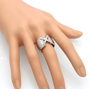 Titanium steel X-shaped cross ring with CNC zircon stones in a polished silver finish